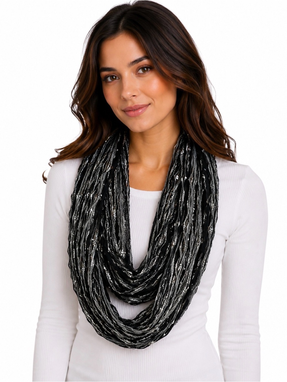 NEW - Black & White Knit Infinity Scarf lightweight textured metallic accents